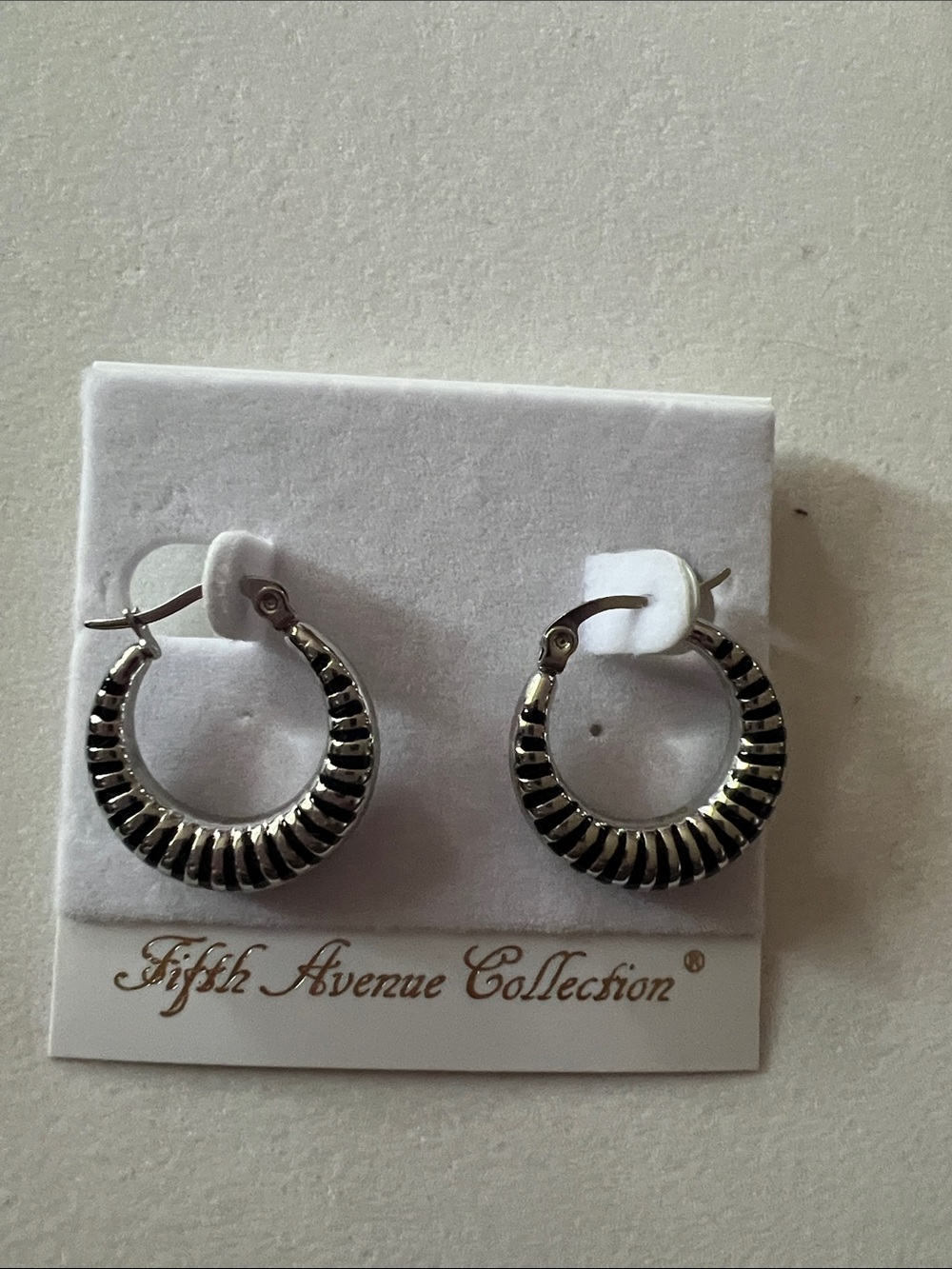 Fifth Avenue Collection Silver-Tone Ribbed with black enamel Hoop Earrings